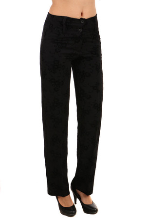 U výběru velikostí je uvedena délka nohavic Stylové dámské společenské kalhoty s jemným vzorem květin. Materiál: