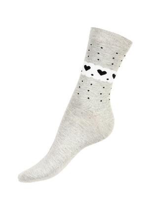 Vyšší ponožky s tečkami a srdíčky. Materiál: 90% bavlna, 5% polyamid, 5% elastan.