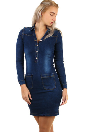 Tmavě modré dámské džínové šaty s dlouhým rukávem. Materiál: 98% bavlna, 2% elastan.
