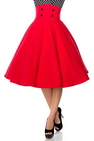 Dámská kolová retro sukně s vysokým pasem ozdobeným knoflíky. Zapínání na zip skrytý v bočním švu. Střih