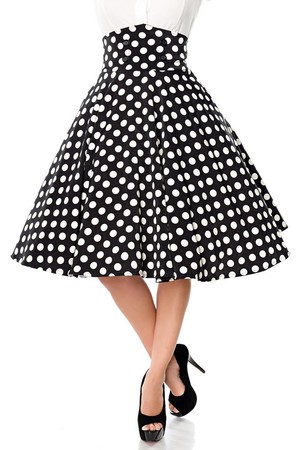 Dámská kruhová černá sukně s bílými puntíky ve vintage stylu. V moderní délce pod kolena. Má vysoký pas