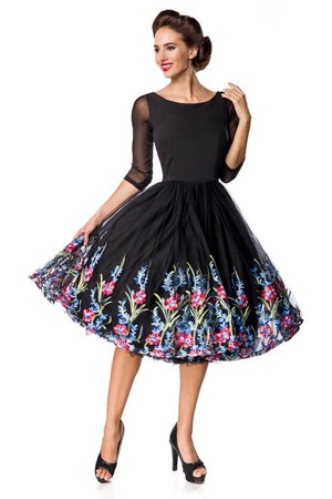 Nádherné černé šaty s šifonovou vyšívanou sukní. Šaty mají kulatý výstřih a tříčtvrteční průhledný