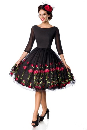 Luxusní vintage společenské šaty v černé barvě s tylovou sukní vyšívanou barevnými růžemi. Šaty mají