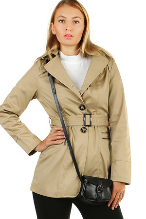 Dámský krátký kabátek - trenčkot se zapínáním jednou řadou knoflíků na přechodné období nebo mírnou zimu. Na
