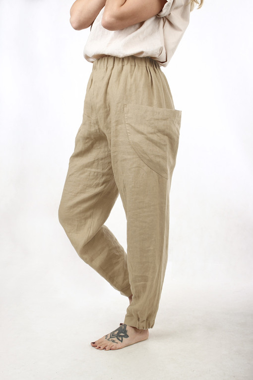 Lněné široké kalhoty s velkými kapsami