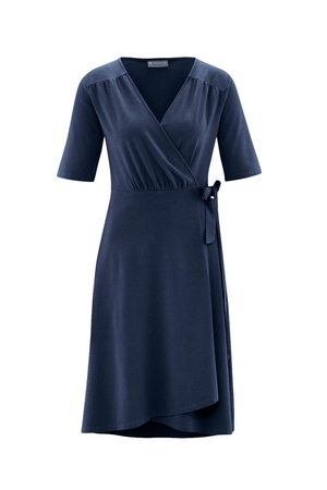 Zavinovací dámské jednobarevné šaty s áčkovou sukní od německé značky udržitelné módy HempAge šité z konopí