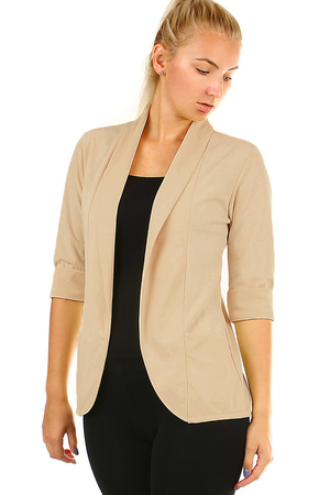 Jednobarevné dámské sako s tříčtvrtečním rukávem. Provedení bez zapínání. Materiál: 95% polyester, 5% elastan.