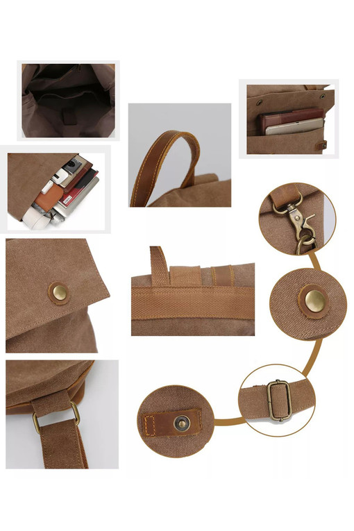 Studentský plátěný rolovací batoh s koženými detaily