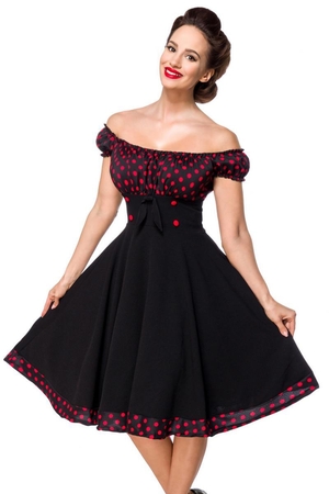 Dámské šaty vyrobené pro německou značku Belsira v zábavném swingovém stylu. Šaty s odhalenými rameny mají kolem